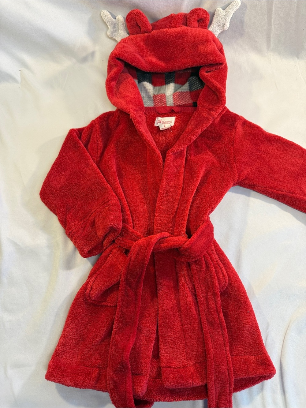 PL Baby - Kids Plush Hooded Robe with Reindeer Antlers - Red